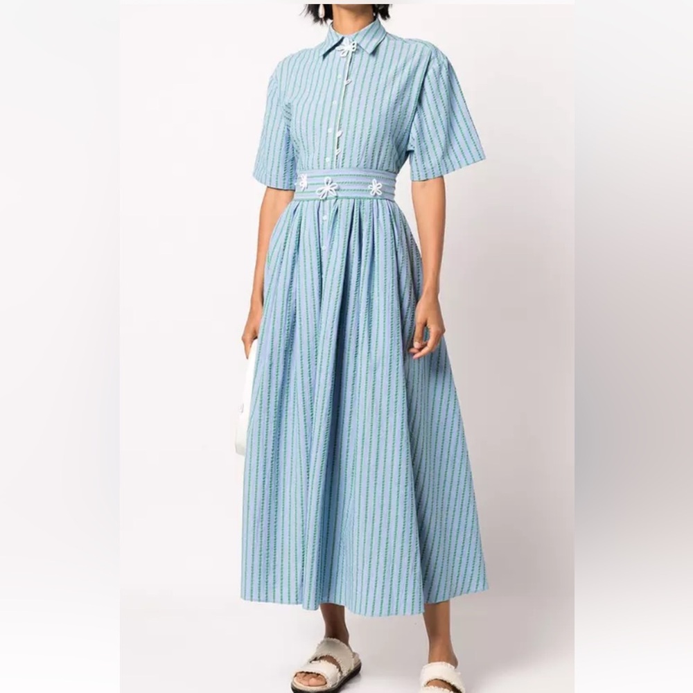 Rosie Assoulin Pleated Blue and White Maxi Sundress